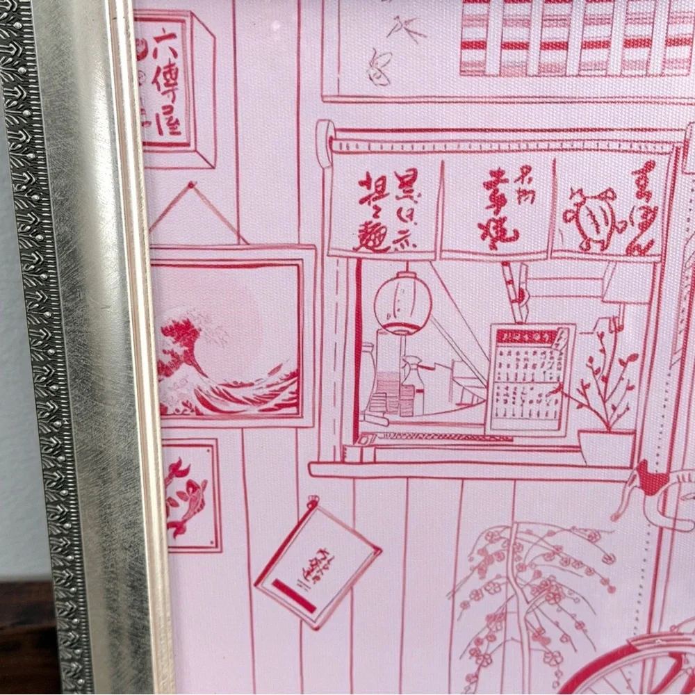 Japanese Kyoto City Bicycle Pink Drawing Canvas Art Print Silver Framed Art
